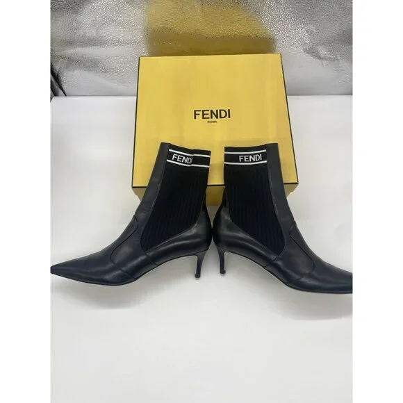 Fendi Rockoko Black Leather Boots Stretch FF Logo Sock Ankle Kitten Heel EU 40 - Picture 4 of 7